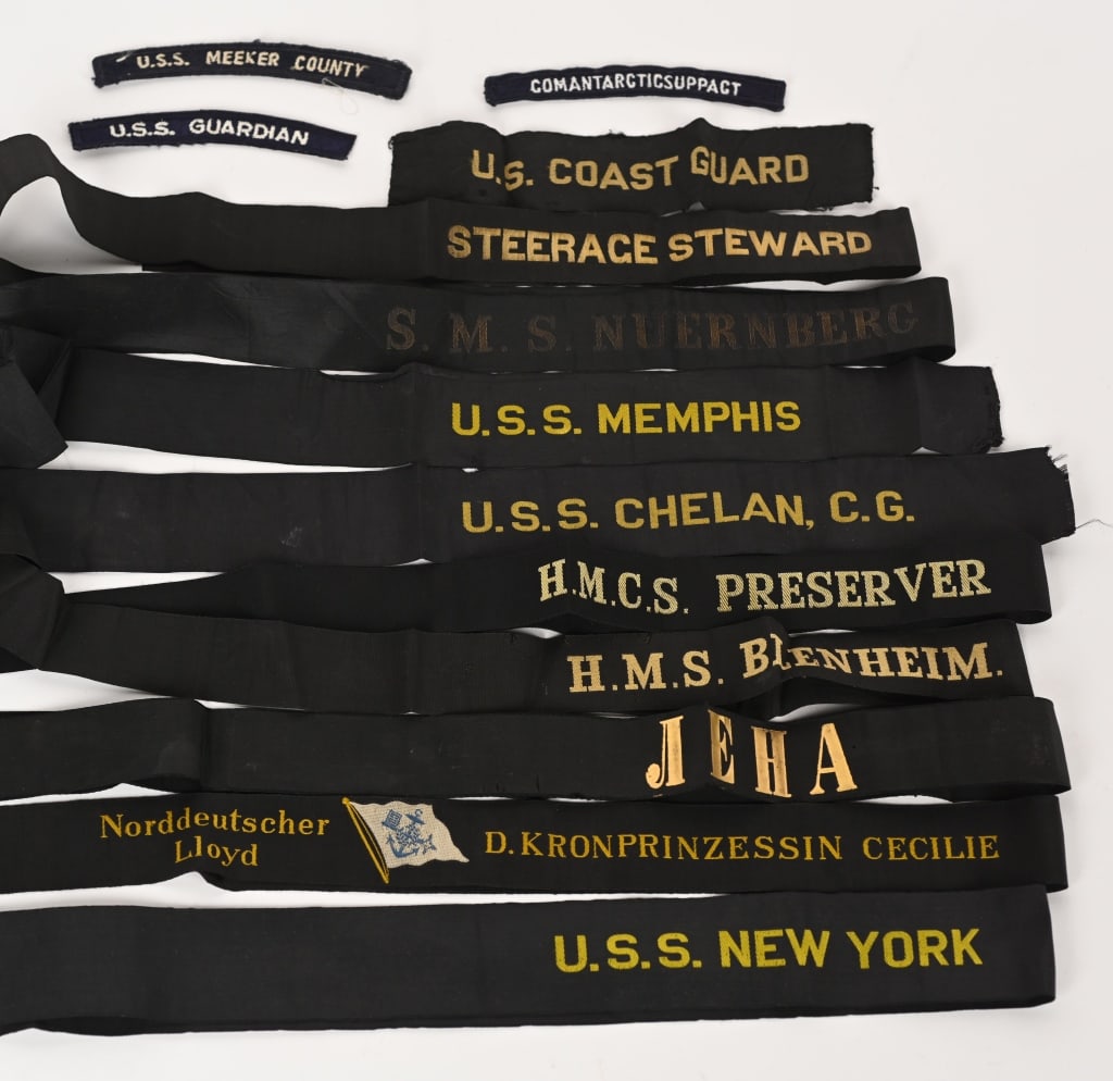 NAVY SHIP TALLEY LOT BRITISH RUSSIAN COAST GUARD: Large lot of Navy Cap Ship Talleys to include 1) S.M.S. NUERNBERG and is full length. SMS N?rnberg ("His Majesty's Ship N?rnberg"),[a] named after the Bavarian city of Nuremberg, was a K?nigsberg-clas