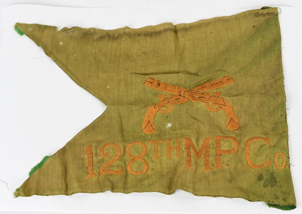 WWII US 128TH MILITARY POLICE COMPANY GUIDON FLAG: 128th Military Police Company Theater Made Guidon fragment. The guidon has been cut in half but still will display well.?