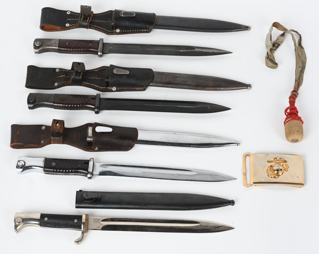 WWII NAZI GERMAN BAYONET LOT K98 COMBAT DRESS WW2: Lot of military to include 1) K98 CHROMED COMBAT BAYONET WITH FROG BY 41 CRN. Matching bayonet with Leather Frog. 2) K98 COMBAT BAYONET WITH FROG BY DURKOPP Roughly 25cm long, drop forged, steel const