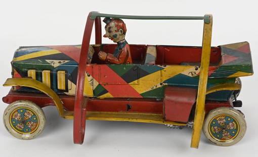 HANS EBERL TIN WINDUP TOPSY TURVY TOM CAR: German tin windup Topsy Turvy Tom Clown Car. Very nice all original and complete example. Still has nice bright colors. Has original clown driver. Windup and actions work. 10" Excellent