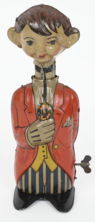 GERMAN TIN WINDUP BOY WITH FLOWERS & LONG NECK (1 of 4)