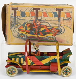 HANS EBERL TOPSY TURVY CLOWN CAR w/ BOX: German tin windup Topsy Turvy Clown Car. All original with great colors. Has great looking Clown Driver. Windup works and car rolls over. Comes with Box. 10" Excellent