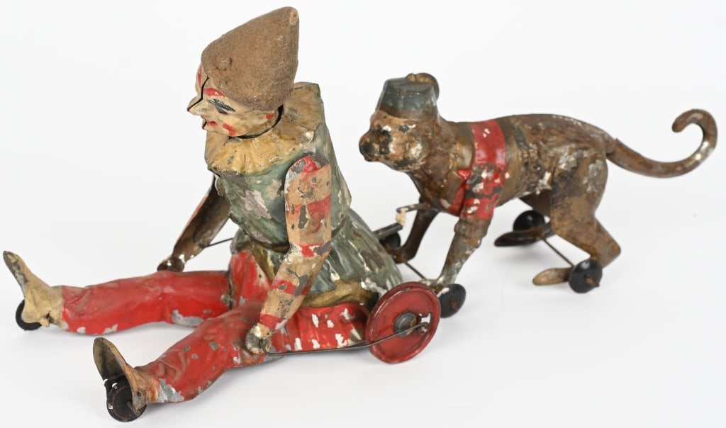 GERMAN HAND PAINTED TIN W/U CLOWN & MONKEY (1 of 5)