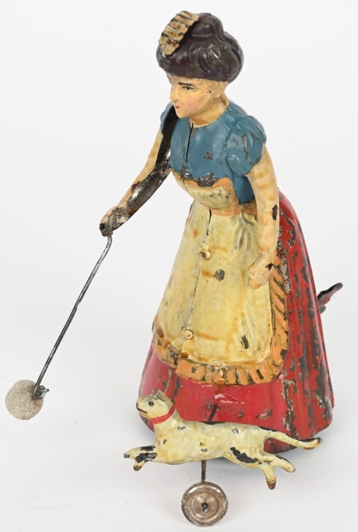 GERMAN HAND PAINTED TIN W/U LADY WITH CAT (1 of 5)