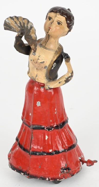 GUNTHERMANN DANCING LADY WITH FAN: German hand painted tin windup Dancing lady with Fan. Nice toy that all complete. Windup works. Has some touchup. 8" Excellent