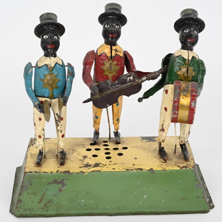 GUNTHERMANN 3 BLACK MUSICIANS: German hand painted tin windup 3 Black Musicians. Large and impressive toy. Windup needs adjustment. Some restoration. 9" Excellent