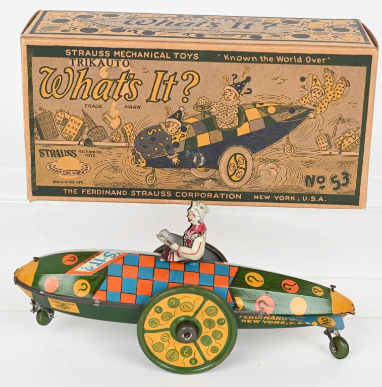 STRAUSS TIN WINDUP WHAT's IT? CRAZY CAR w/ BOX (1 of 12)