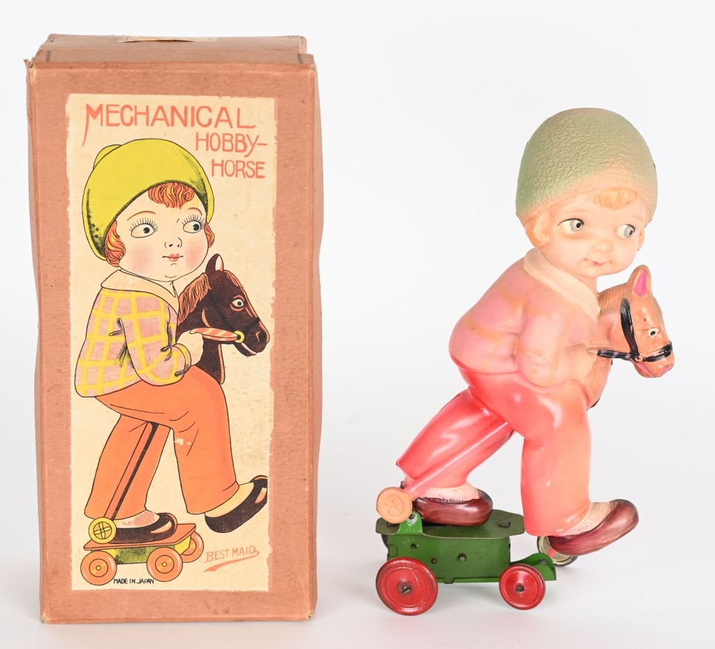 JAPAN CELLULOID WINDUP HOBBY HORSE w/ BOX (1 of 7)