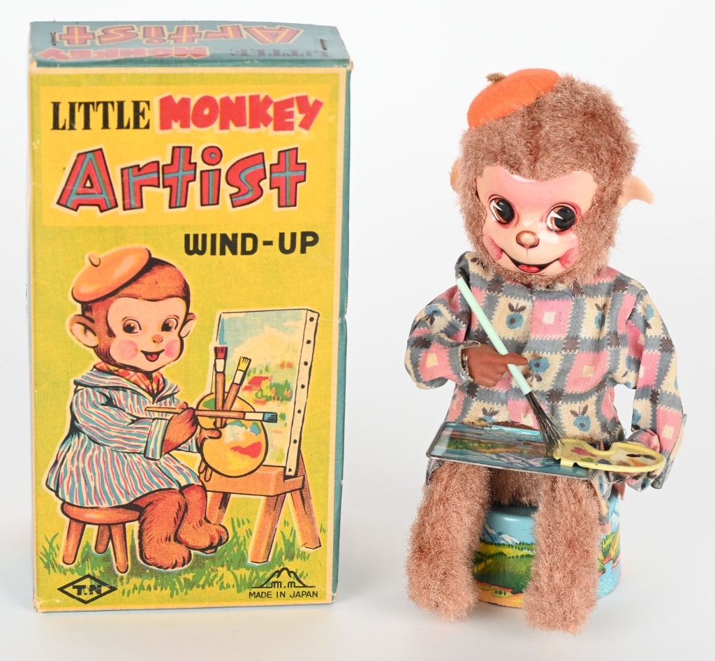 JAPAN TIN WINDUP MONKEY ARTIST w/ BOX (1 of 6)
