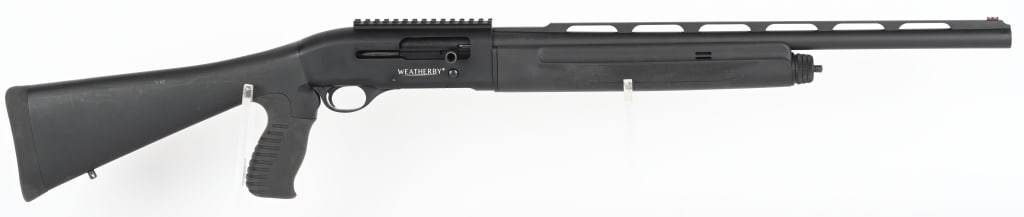 WEATHERBY SA-459 SEMI AUTOMATIC SHOTGUN 12 GAUGE: SERIAL NUMBER: AD60315. BARREL: 22". CALIBER: 12 GAUGE. MANUFACTURED: 2010S. Made in Turkey. vent rib barrel, with red fiber optic front sight. Original phosphate and anodized finish. Factory polymer 