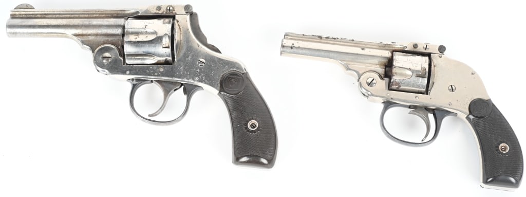 LOT OF 2: HARRINGTON & RICHARDSON DA REVOLVERS: A. SERIAL NUMBER: 3187. BARREL: 3". CALIBER: .32 S&W. MANUFACTURED: 1920S. Harrington & Richardson top break with non exposed hammer. Five shot fluted cylinder, matching to the gun. Front sight blade 