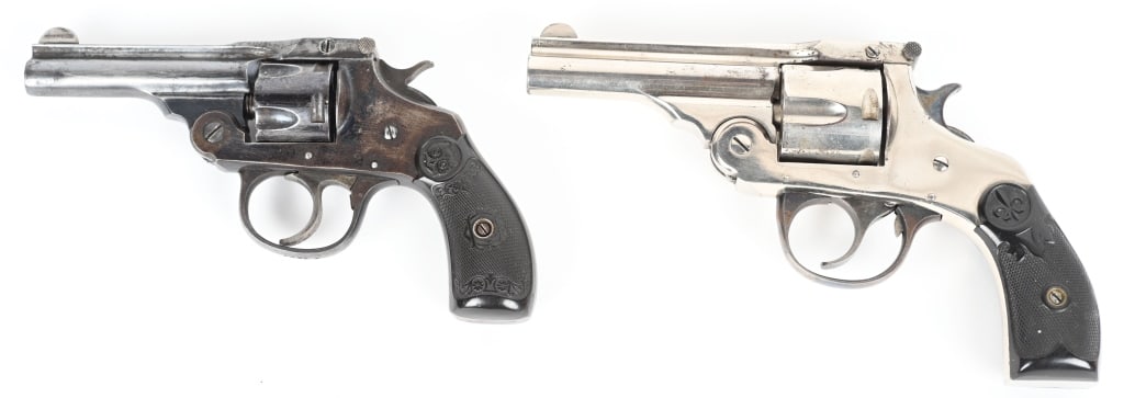 LOT OF 2: IVER JHONSON AND THAMES DA REVOLVERS: A. SERIAL NUMBER: 30924. BARREL: 3". CALIBER: .32 S&W. MANUFACTURED: 1920S. Iver Johnson Top Break double action revolver. Five shot fluted cylinder. Ribbed barrel with blade front sight and u-notch r