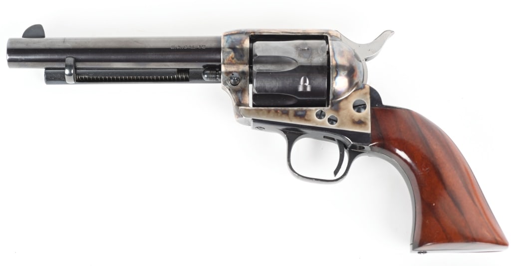 UBERTI SINGLE ACTION ARMY REVOLVER .45 COLT: SERIAL NUMBER: 127623. BARREL: 5-1/2". CALIBER: .45 COLT. MANUFACTURED: 2008. Made in Italy. Six shot fluted cylinder. Standard markings, features and sights. Case colored frame, with the balance of p