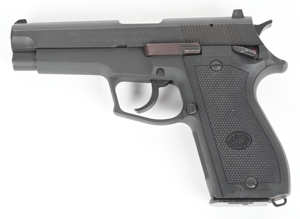 SOUTH KOREAN DAEWOO DP51 SEMI AUTO PISTOL 9MM: SERIAL NUMBER: 04675. BARREL: 4". CALIBER: 9MM Luger. MANUFACTURED: 1990S. Made in Korea and imported by First Shot INC. DA/SA design. Factory 3-dot sights. Matte gray finish and checkered black plast