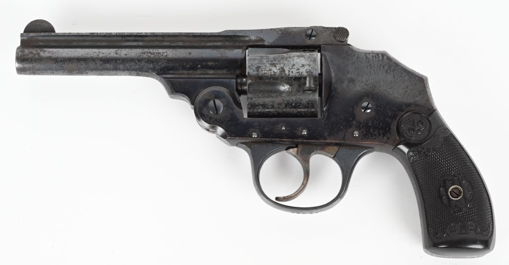 IVER JOHNSON TOP BREAK DOUBLE ACTION REVOLVER: SERIAL NUMBER: 56485. BARREL: 4". CALIBER: .38 S&W. MANUFACTURED: 1900-1920S. Five shot fluted cylinder. Factory blued finish and checkered hard rubber grips. CONDITION: Metal is fair, with areas of f