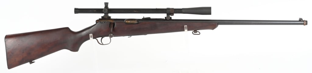 SAVAGE SPORTER MOD 23-AA BOLT ACTION 22 RIFLE: SERIAL 143996. BARREL 23". CALIBER .22LR. MADE 1933-42. Features blue finish, plain pistol grip walnut stock with Savage steel butt plate, sporting sights, threaded for silencer, magazine fed (missing
