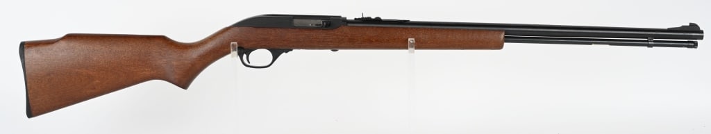 MARLIN MODEL 60 SEMI AUTO RIFLE: SERIAL 13377171. BARREL 22" CALIBER .22LR. Tube fed, blue finish, sporting sights, plain pistol grip hardwood Monte Carlo stock with black butt plate. Stock has the original Marlin sticker. Action and