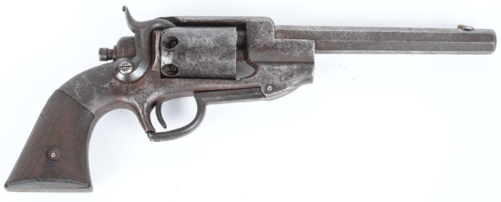 ALLEN WHEELOCK SIDEHAMMER NAVY REVOLVER: SERIAL 451. BARREL 6.5". CALIBER .36. MADE 1858-1862. Features an octagon barrel, six shot, single action, trigger guard release (Standard Model), side hammer, walnut grips. Condition. No finish, dark