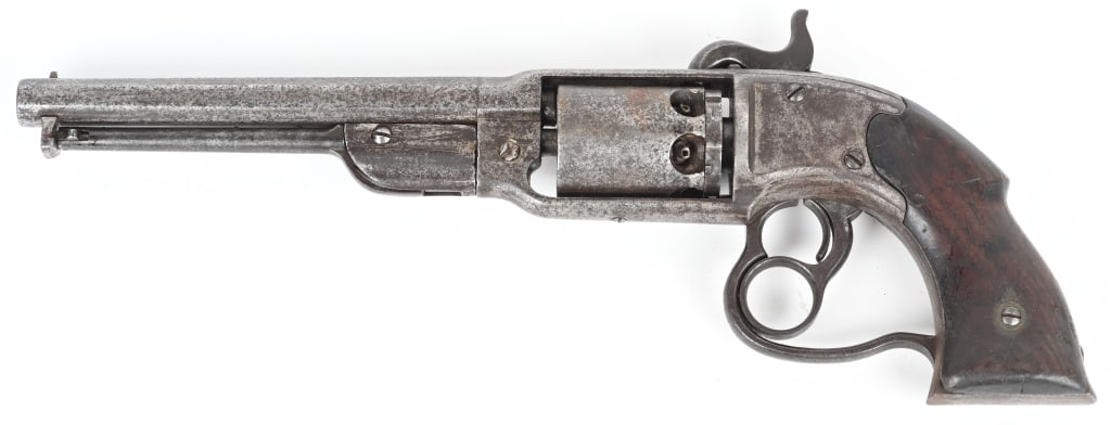 SAVAGE REVOLVING NAVY REVOLVER: SERIAL ?. BARREL 7". CALIBER .36. About 20,000 made, no visible inspector stamps, octagon barrel, walnut stocks, partially visible legend on frame. Condition. No finish, overall brown patina with spot