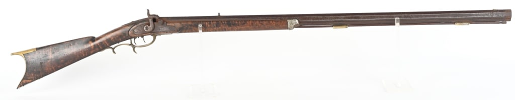 SIGNED HALF STOCK PERCUSSION SPORTING RIFLE: BARREL 36". CALIBER 32. BARREL SIGNED "J. WIAND" ? Full octagon, double set triggers, striped Maple half stock, pewter tip, leaf rear sight, wood rod, iron hardware, brass furniture. Lock marked N. AS