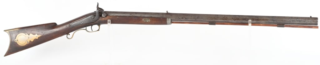 HARDIN SLOCUMB HALF STOCK PERCUSSION RIFLE: BARREL 30". CALIBER 44. Homer built rifles in Homer from 1831-1851. Heavy octagon barrel stamped H. SLOCUMB HOMER. Features leaf rear sight, back action lock stamped Fenton. Walnut half stock, iron ha