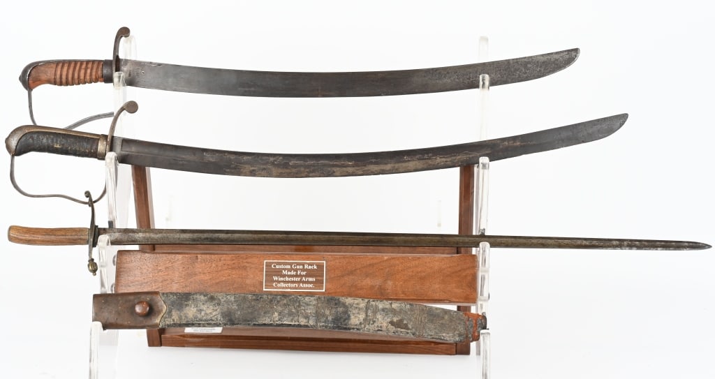 3- ANTIQUE SWORDS, STARR & MORE: 1. 23 1/2" Shortened blade marked P HHP N. Starr. 2. 25 1/2" shortened blade with indiscernible marking on the ricasso and dated 1853. 3. European sword with unmarked 30" blade. 4. Early partial scabb