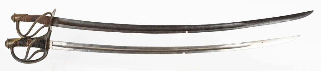 2- MODEL 1840 CAVALRY SWORDS: 1. 35" blade marked Horstmann's Phila on the ricasso. Blade has areas of pitting and is dark. Missing leather washer. Wood grip is damaged and is missing leather wrap and wire. No scabbard. 2. 33" bri