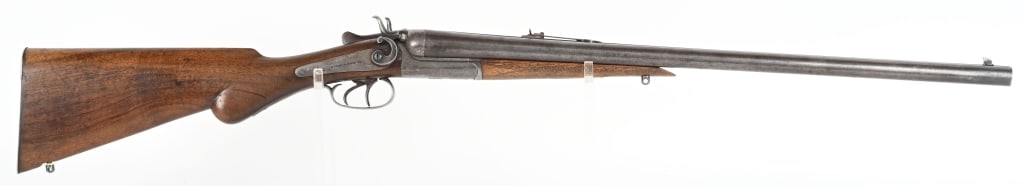 LION ARMS BELGIUM MADE COMBO SXS GUN: NSN. BARRELS 23 7/8". CALIBER .360/12 GA. CHAMBER 2 1/2" CHOKE CYL. Side by side rifle shotgun, barrels appear period shortened, full rib, rifle sights, back action locks stamped Lion Arms ,exposed ha