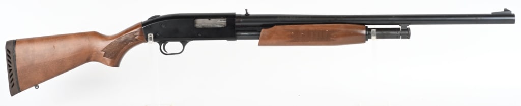 MOSSBERG MODEL 500A RIFLED SLUG SHOTGUN: SERIAL L900491. BARREL 24". GAUGE 12. CHAMBER 3". Rifle sights, blue finish, pistol grip checkered hardwood stock, vent pad, sling eyes. Condition. Barrel has some spotting. Frame 95%. Wood is excelle