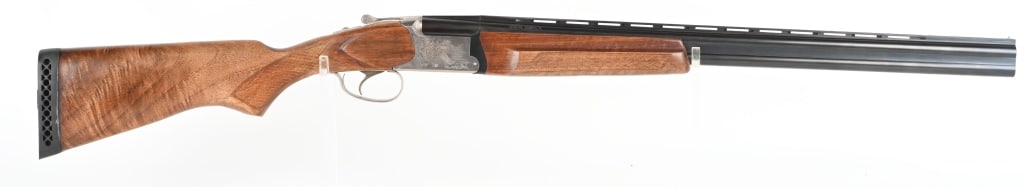 REMINGTON SPARTAN (RUSSIAN) OVER UNDER 20 GA.: SERIAL 91868R. BARRELS 26.5". GAUGE 20. CHAMBERS 3". CHOKES FULL. Blue barrels with vent rib, engraved satin nickel frame, double triggers, checkered pistol grip hardwood stock with vent pad, Conditio