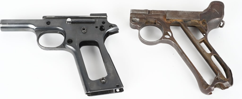 LOT OF 2: LUGER AND 1911 STRIPPED FRAMES: A. SERIAL NUMBER: 7589C, WW2 era German Mauser P.08 Luger stripped frame. CONDITION: Metal has formed an even brown patina throughout. B. SERIAL NUMBER: C61804. Stripped 1911 frame of unknown make. CO