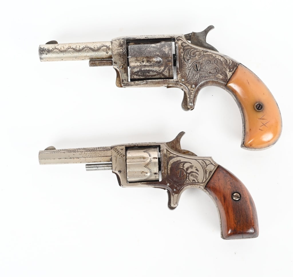 LOT (2) ENGRAVED ANTIQUE SPUR TRIGGER REVOLVERS: A. VICTOR 1 1/2, 22RF. 75% dull nickel, wood grips, Not working. B. VICTOR No 3 1878. Has dog head engraved on left side, bone grips, 405 nickel Not working. SOLD AS IS ANTIQUE DB