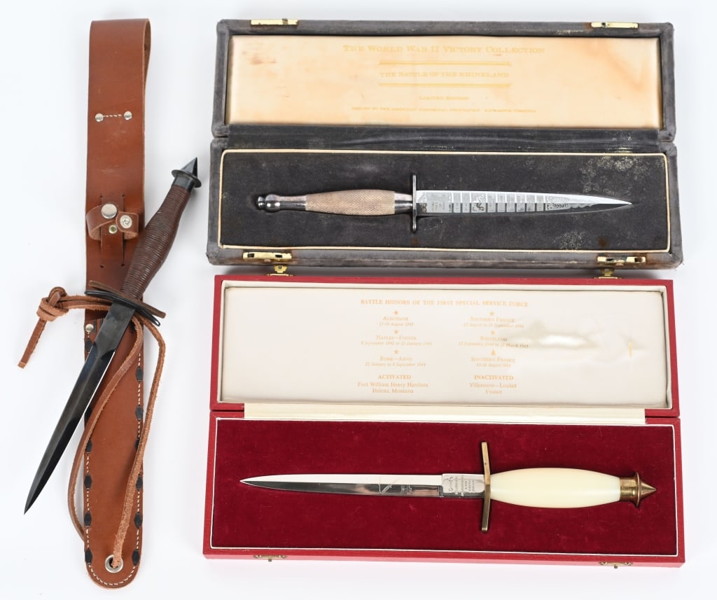 GROUP OF COMMEMORATIVE WW2 FIGHTING KNIVES: (1) THE WORLD WAR II VICTORY COLLECTION" THE BATTLE OF THE RHINELAND, Fairbairn Sykes brass checkered handle / silver plated with deeply etched blade with vignette of the Remagen bridge , Ricasso mark