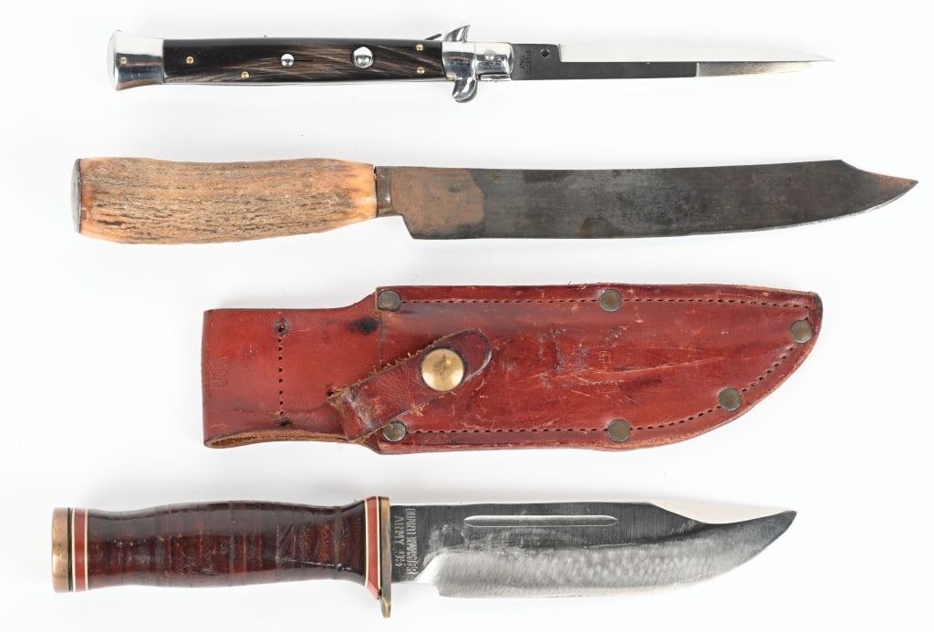 COLLECTORS LOT OF 3 SPORTING KNIVES: (1) W. Greaves & Sons Buffalo skinning knife with stag handle. Marked with makers mark on left side of blade w/ steel butt cap. (2) ONTARIO USA Quartermaster-95 5 3/4" skinning knife with leather scab