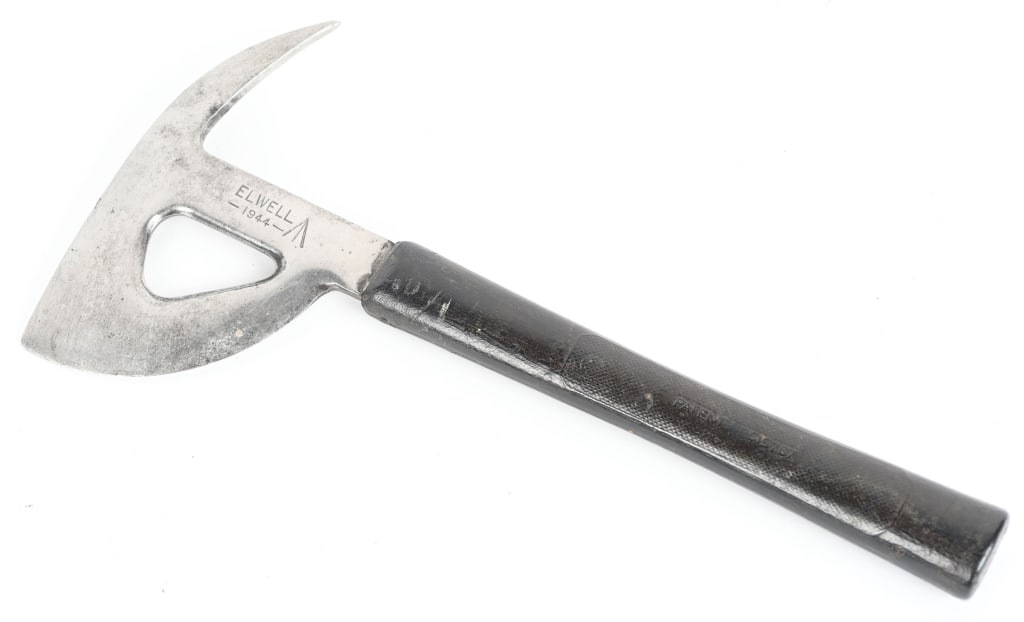 WW2 BRITISH ROYAL AIR FORCES SURVIVAL / CRASH AXE: Bright blade marked "ELWELL 1944" with broad arrow stamp. Textured rubber handle. 8" x 16". Used in aircraft as an escape tool as well as survival tool and British issue during WW2. CONDITION. Good ov