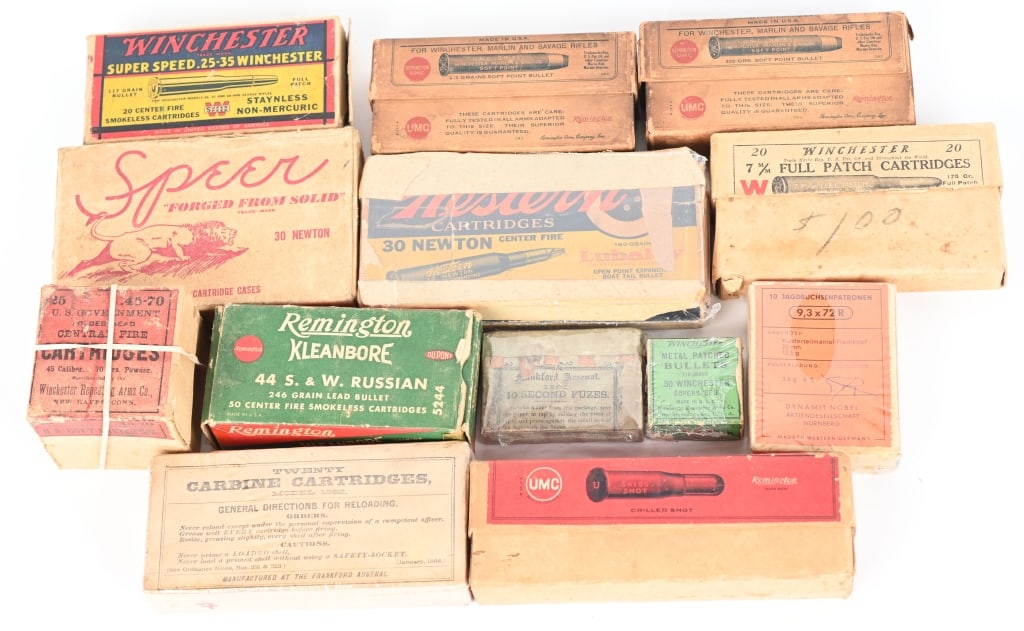 LOT (13) BOXES OF COLLECTIBLE AMMO BOXES: Sealed box of Frankford Arsenal (20) 45-70 carbine cartridges dated April 20, 1886. B. full box 20 rds UMC .41 Swiss RF Vetterli C. RWS 9.3 X 72 r 10 rds. D. WIN. 45-70 folded head 25 rds, 2-pc box. E