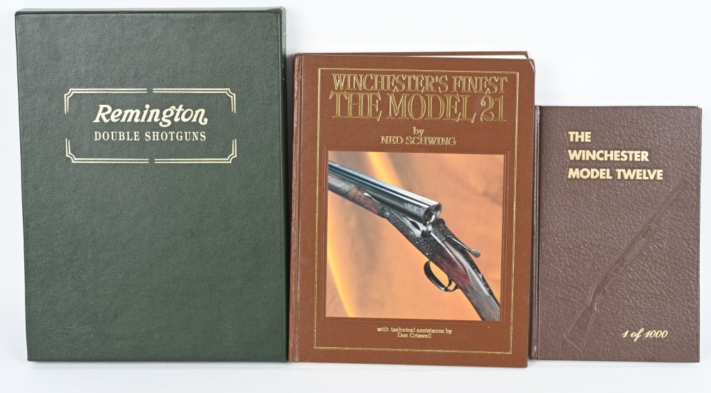 LOT (3) HARDBOUND WINCHESTER-REMINGTON BOOKS: A. WINCHESTERS FINEST THE MODEL 21 BY NED SCHWING. 1990 1ST ED. B. THE WINCHESTER MODEL TWELVE 1 OF 1000 MADIS 1982 1ST ED. C. REMINGTON DOUBLE SHOTGUNS BY CHARLES SEMMER Deluxed cased and signed 1st 