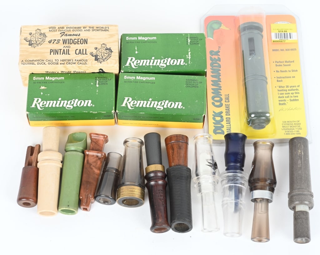 Lot (12) Vintage Duck Calls & 5mm Ammo Auction