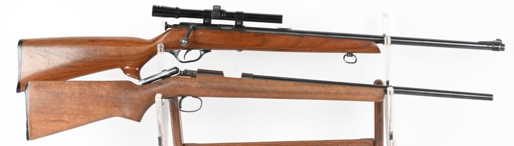 LOT (2) VINTAGE 22 RIFLES: A. WESTERN FIELD MODEL 804A. CALIBER 22 RF. Single shot, bolt action, no sights, not working , bolt not assembled. 70% blue with freckling. Wood very good with no finish. B. GLENFIELD MODEL 10. CALIBE