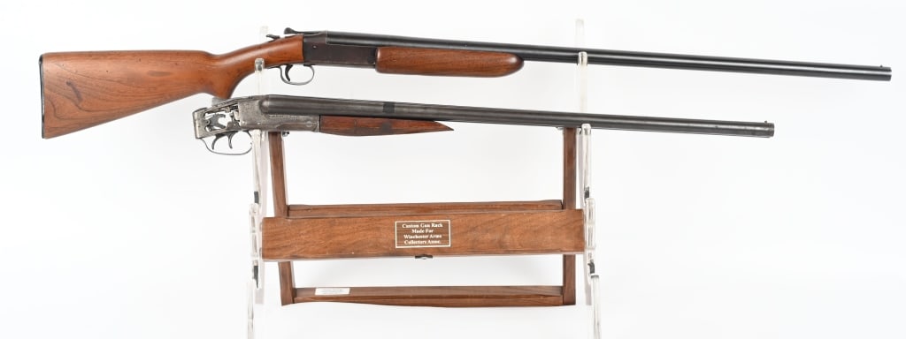 LOT (2) VINTAGE SHOTGUNS: A. WINCHESTER MODEL 37. 12 GA. SINGLE SHOT. Wood is excellent but no finish. Barrel has about 70% blue mixing brown patina. Working order. B. STEVENS 12 GA. SXS, No stock, no finish, some scattered ru