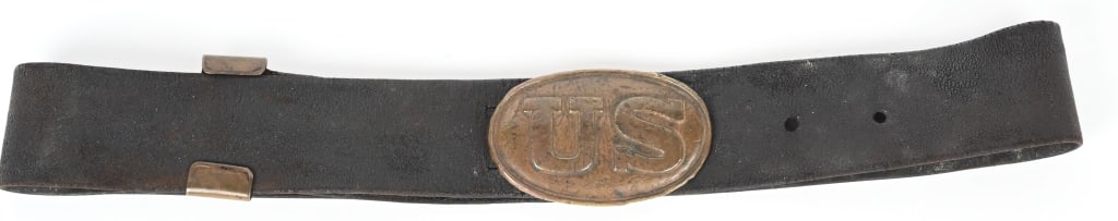 CIVIL WAR ORIGINAL MODEL 1839 US BUCKLE & BELT: Original Model 1839 oval belt buckle with the original leather belt. Brass has turned a nice dark mustard patina. Has brass keeper. Belt is supple and measures about 37". very Good