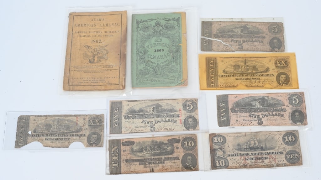 LOT OF CONFEDERATE CURRENCY & ALMANACS: Lot includes 1. $5.00 Series February 17th, 1864, 2. $5.00 February 17th, 1864, 3. $5.00 April 6th, 1863, 4. $10.00 February 17th, 1864, 5. $10.00 1859 State Bank, South Carolina, 6. $20.00 April 6th,