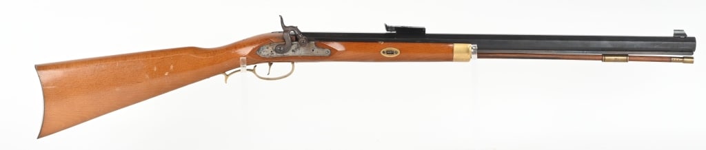 CVA FRONTIER HALF STOCK HAWKEN TYPE RIFLE: SERIAL 601326. BARREL 24". CALIBER 50 PERCUSSION. Blue octagon barrel, target rear sight, case color lock, brass furniture. Condition. 95% blue with few freckles & thinning near breech. Wood excellent