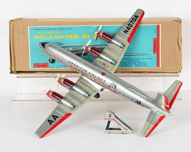 JAPAN BATTERY OP AMERICAN AIRLINES PROP JET w/BOX: All original and complete. Large impressive toy. Worked when tested. Comes with Stairs. Has 1 broken propeller. Worked when tested. Boxed 24" Excellent