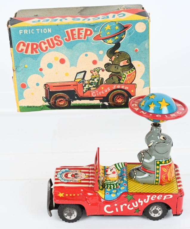 JAPAN TIN FRICTION CIRCUS ELEPHANT JEEP w/ BOX (1 of 7)