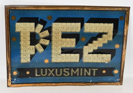 ORIGINAL PEZ LUXUSMINT EMBOSSED TIN SIGN: Scarce original PEZ embossed tin Sign. Still has great colors. Marked GEBR KOPPE A:G BERLIN-LICHTENBERG along the bottom. 14"x10" Excellent