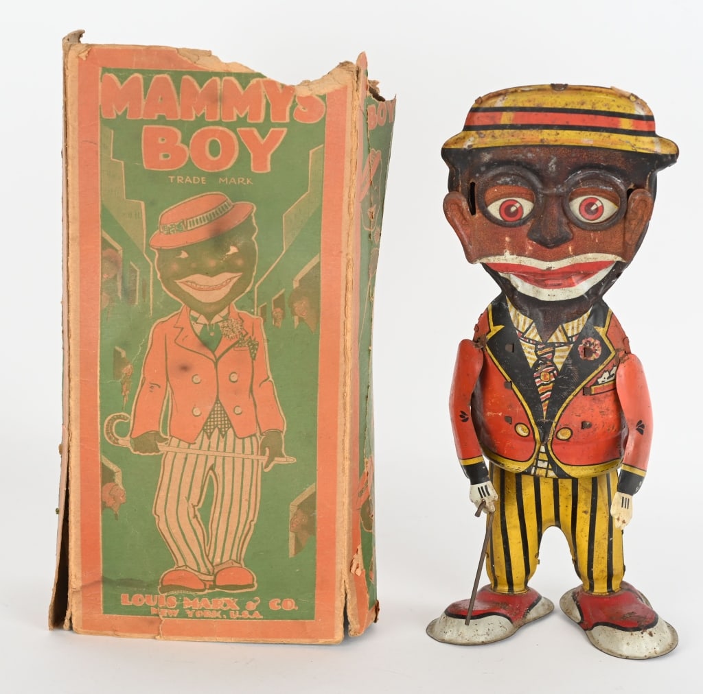 MARX TIN WINDUP MAMMY BOY w/ BOX: Nice early Marx toy. Has some wear. One arm replaced. Windup works. With partial box. 10 1/2" Very Good
