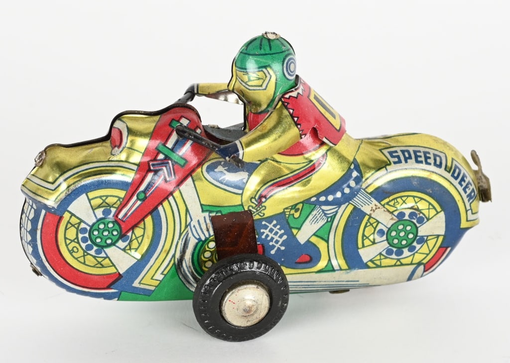 SPEED DEER TIN FRICTION MOTORCYCLE: All original with nice colors. Friction works. 5 1/2" Excellent