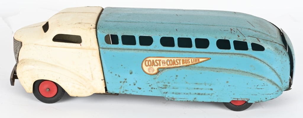 WYANDOTTE COAST TO COAST BUS: Nice original streamline bus. Nice paint and decals. Has opening rear door. 21" Very Good-Excellent