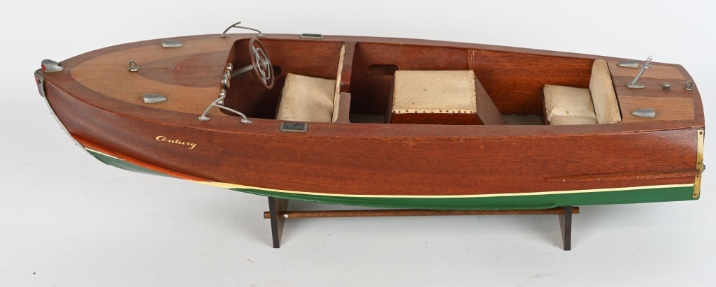 27" WOODEN CENTURY BOAT: Large and impressive wooden Boat. Was built from a kit. Missing windshield. 27" Excellent